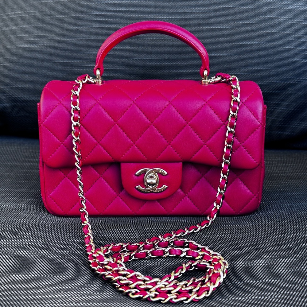 ❤️CHANEL❤️Mini Rectangular Top Handle Red Lambskin Flap Bag LGHW - Picture 2 of 14